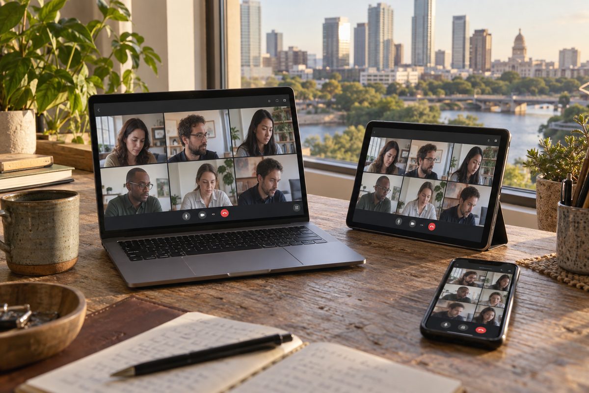 One Vebex meeting open on a laptop, a tablet and a phone at the same time