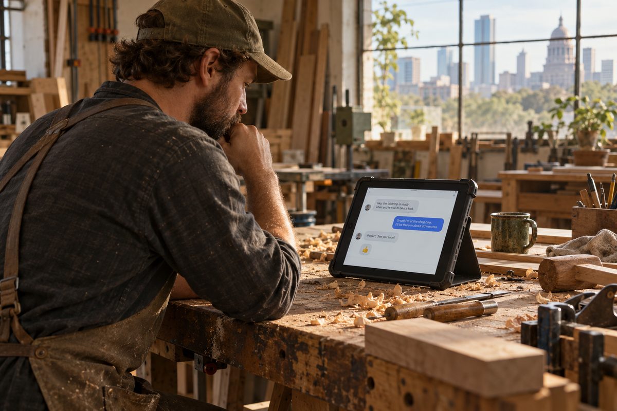 A workshop technician reads a Vebex chat thread on a tablet