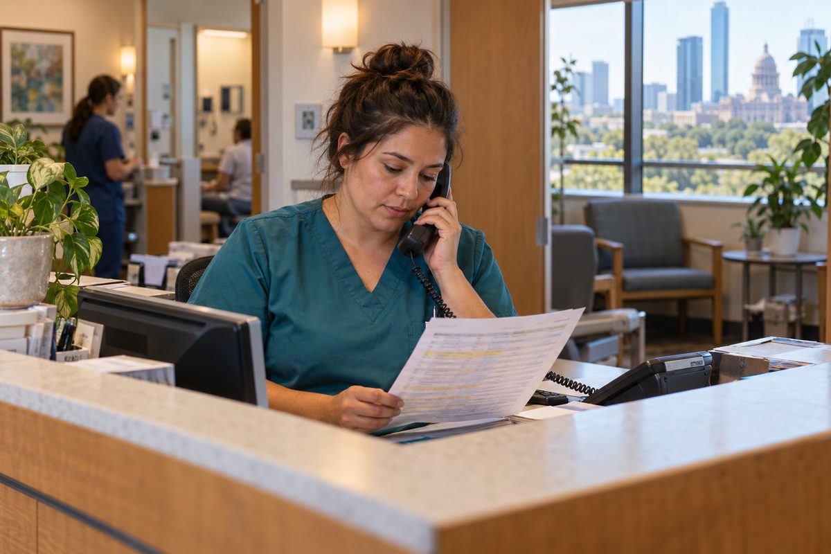 A clinic nurse joins a Vebex meeting by phone dial-in