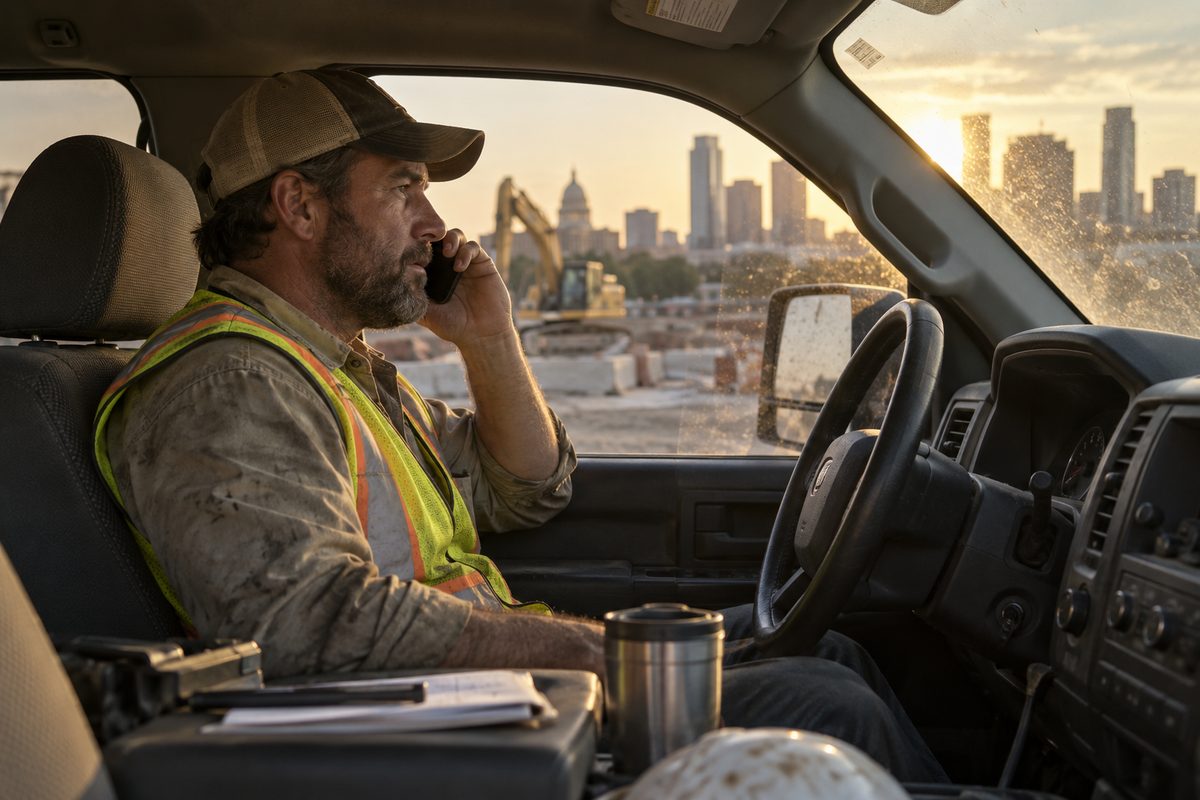 A site foreman dials into a Vebex meeting from his truck