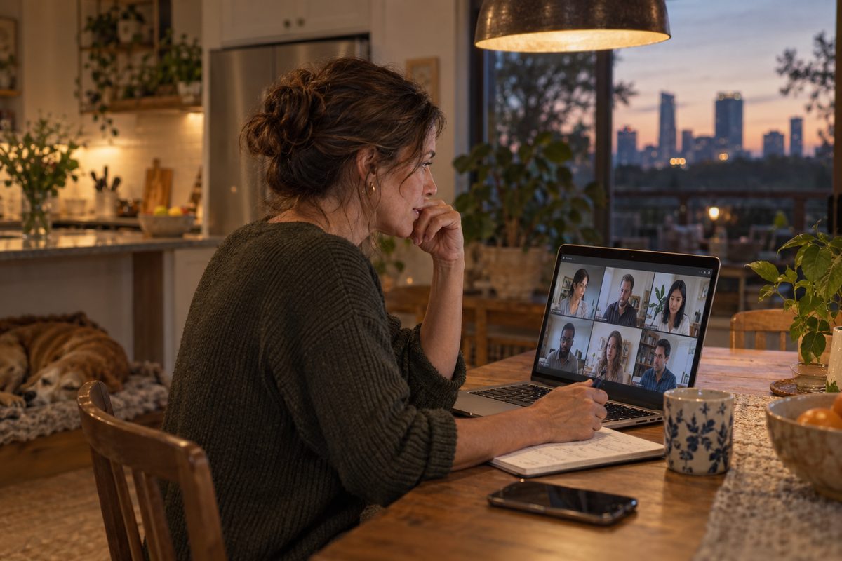 A team lead runs a Vebex video meeting from her kitchen table in the evening