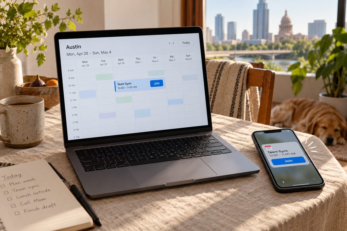 A calendar event with a Vebex join link on a laptop and phone
