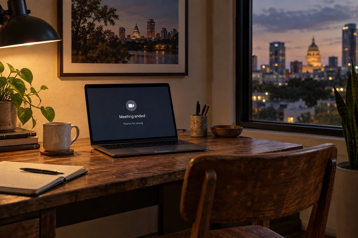A meeting-ended screen on a laptop beside an empty chair
