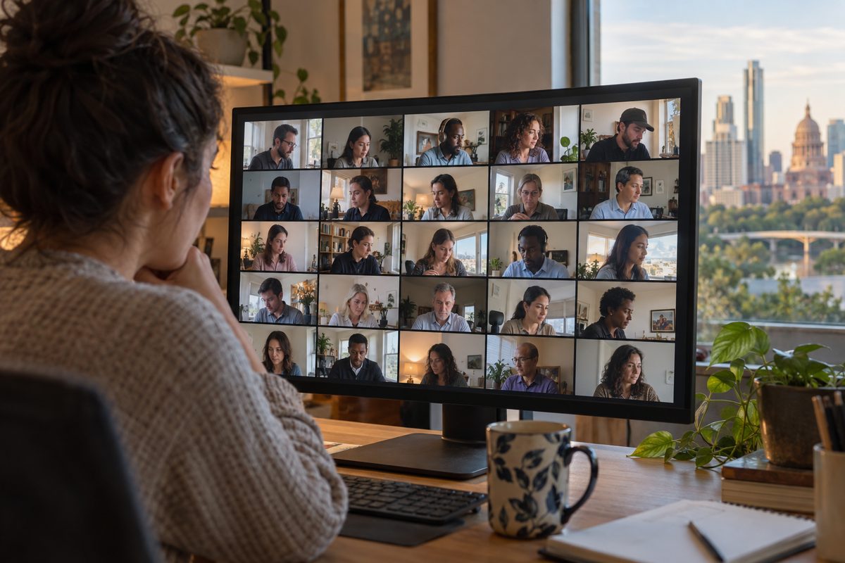 Gallery view of a twenty-person Vebex team meeting