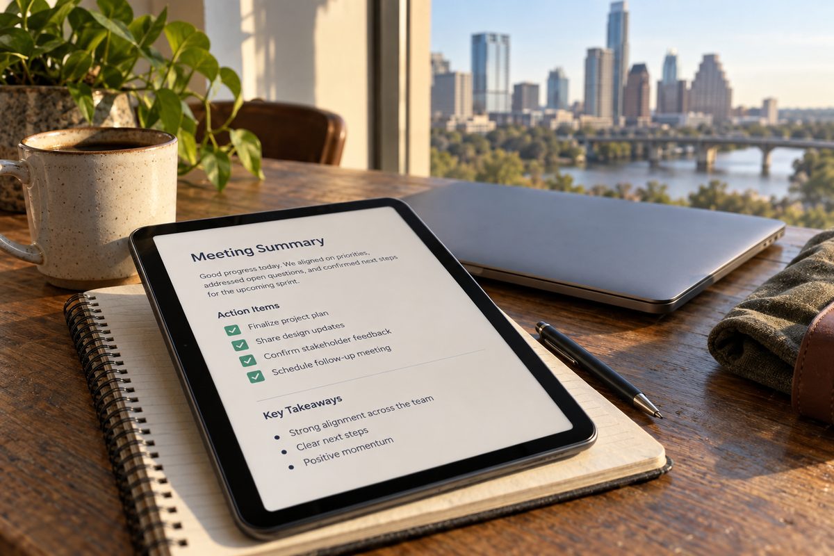 Meeting notes and action items on a tablet after a Vebex call ends