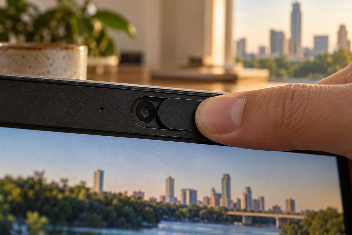 A fingertip closes the privacy shutter on a laptop webcam