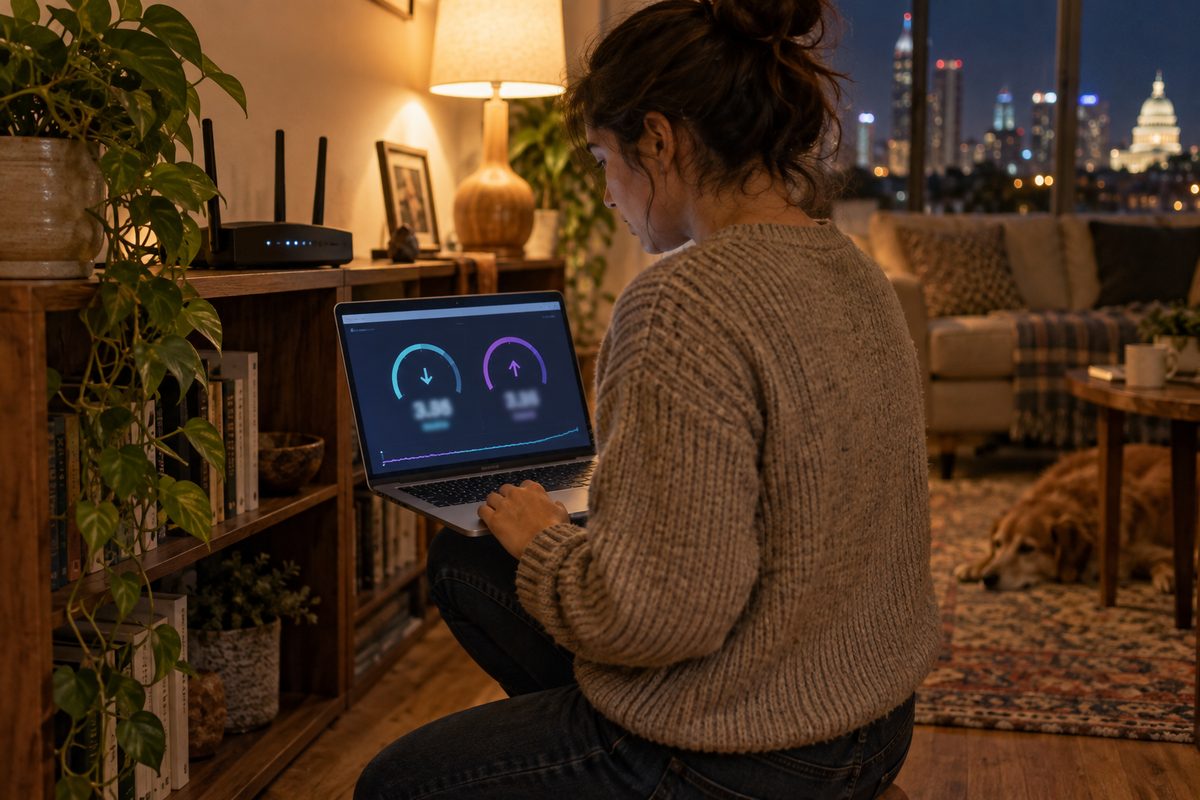 An employee checks home upload speed during a Vebex rollout