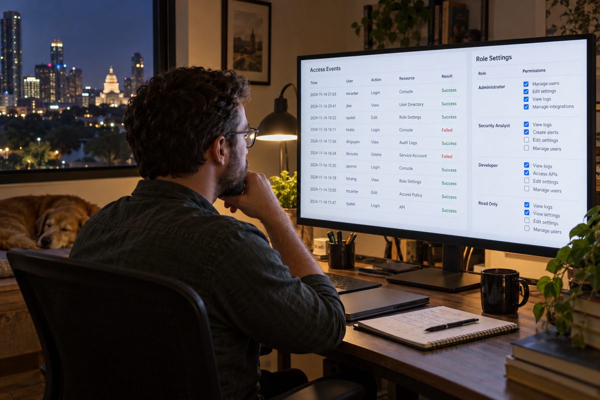 An administrator reviews roles and the audit log in the Vebex admin console