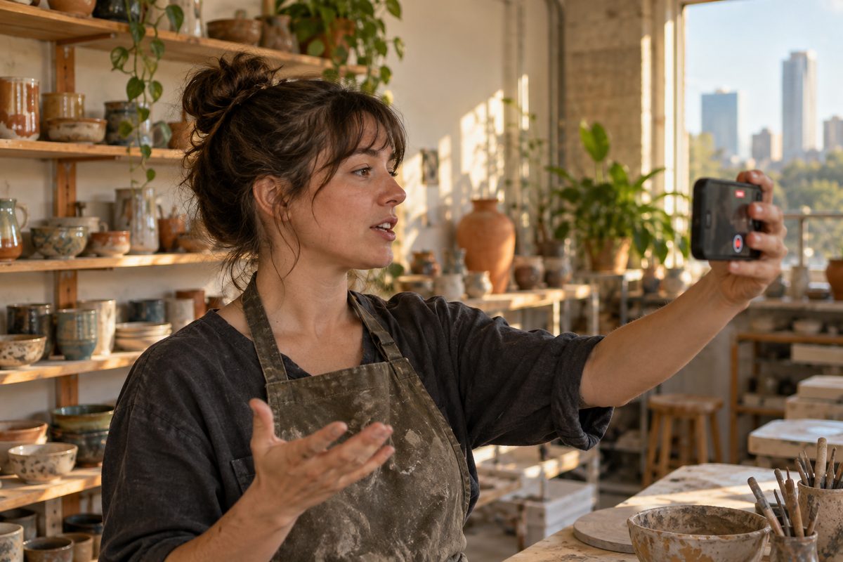 A ceramicist records a short Vebex video message on her phone