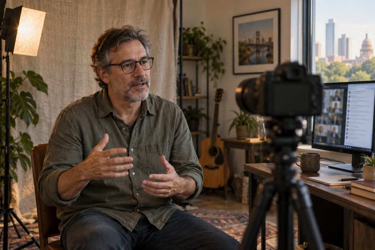 A presenter runs a Vebex webinar from a small home studio